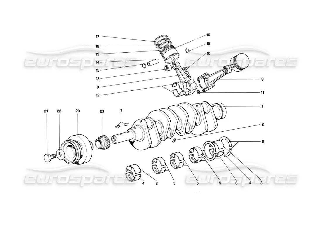 ferrari 208 turbo (1982) cigüeñal - bielas y pistones diagrama de piezas