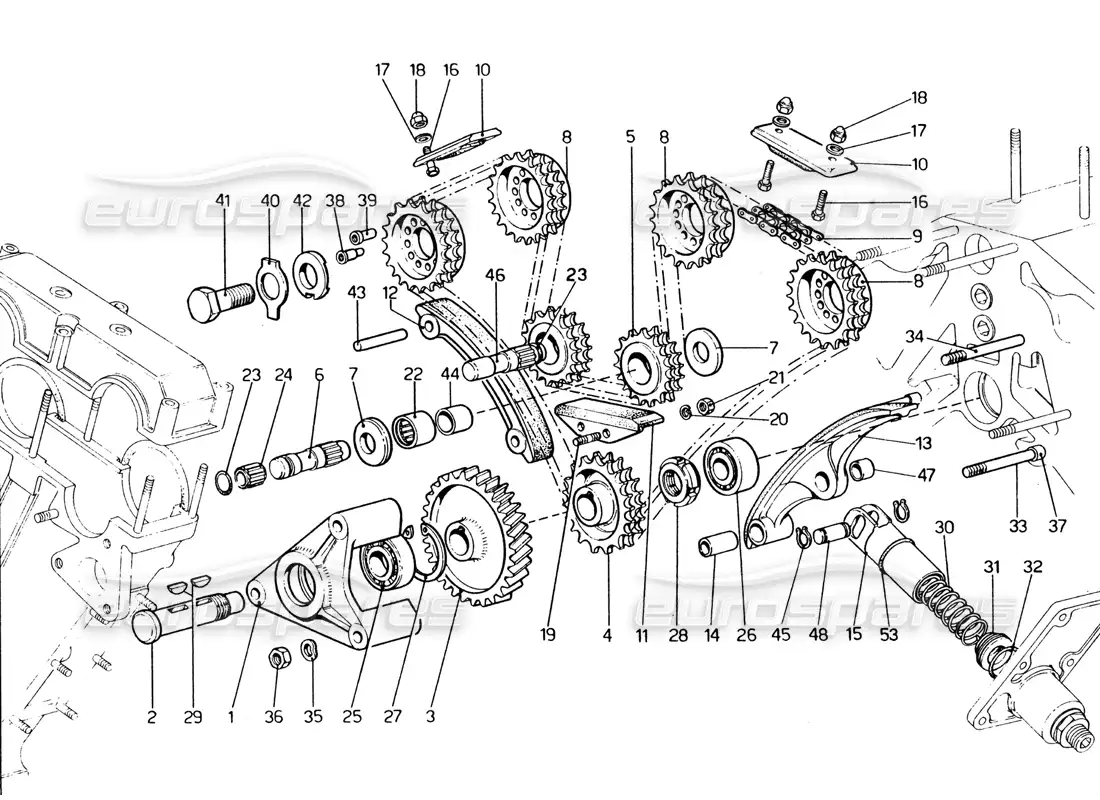 ferrari 365 gt4 2+2 (1973) accionamiento del árbol de levas diagrama de piezas