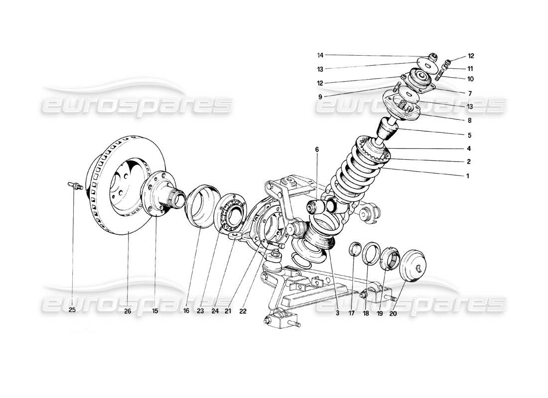 ferrari mondial 8 (1981) suspensión delantera - amortiguador y disco de freno diagrama de piezas