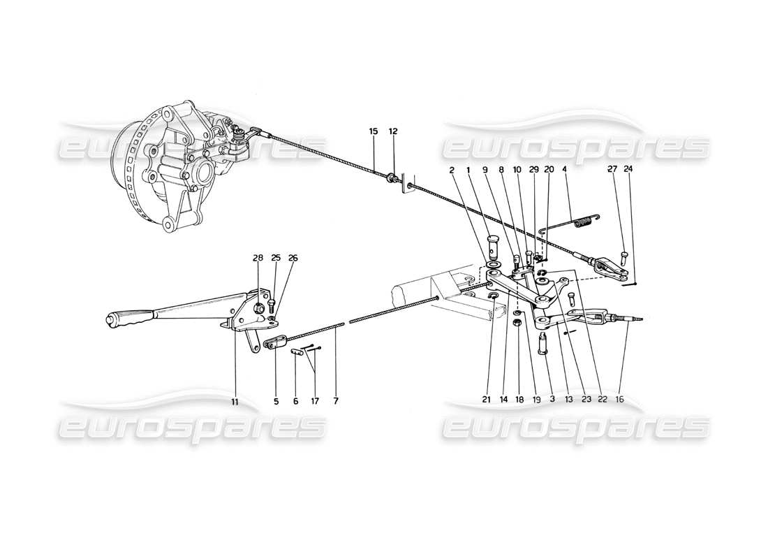 ferrari 246 dino (1975) diagrama de piezas de control del freno de mano