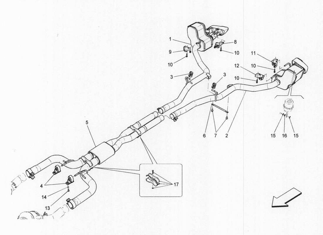 maserati qtp. v6 3.0 bt 410bhp 2wd 2017 diagrama de piezas de silenciadores