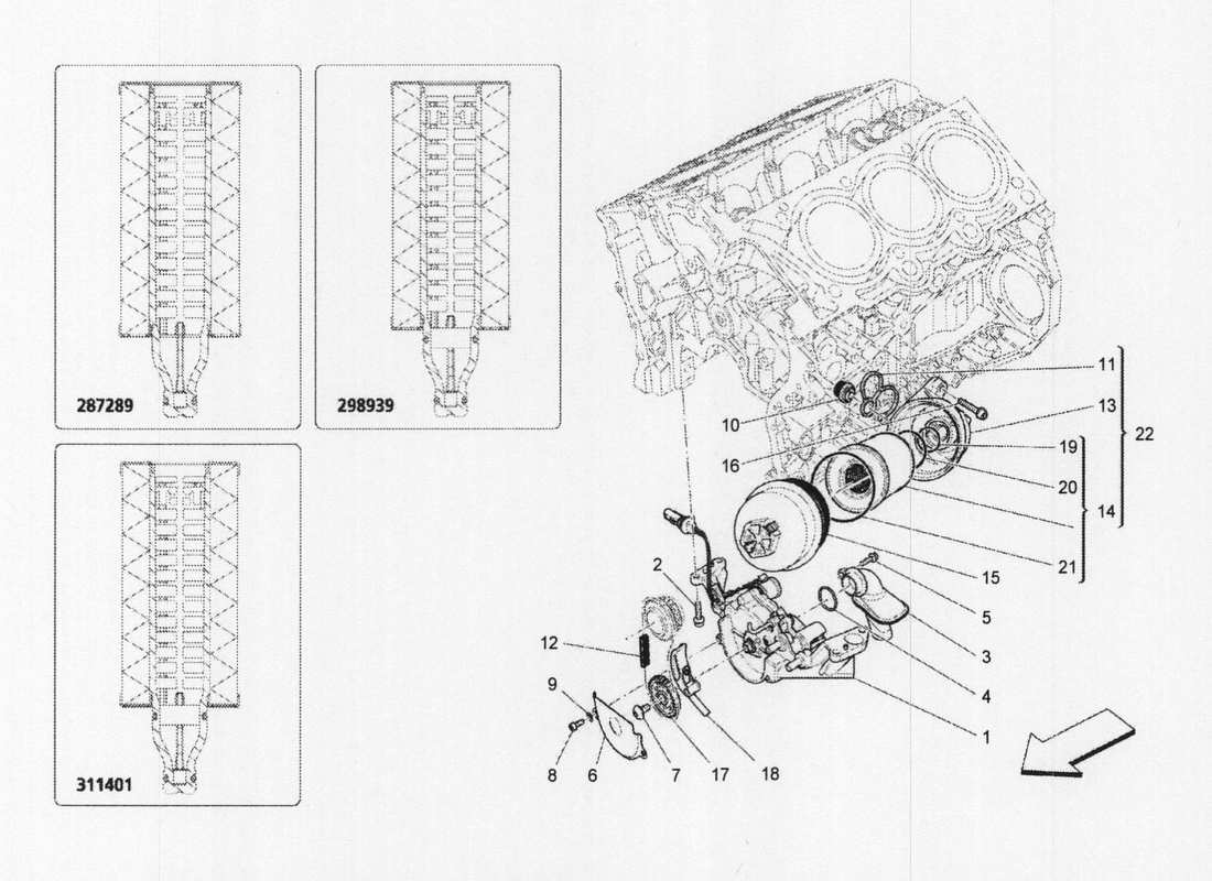 maserati qtp. v6 3.0 bt 410bhp 2wd 2017 sistema de lubricación: diagrama de piezas de bomba y filtro