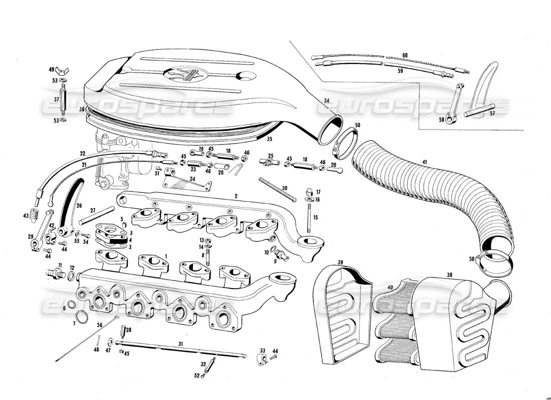 maserati qtp.v8 4.7 (s1 & s2) 1967 diagrama de piezas del filtro y colector de admisión de aire