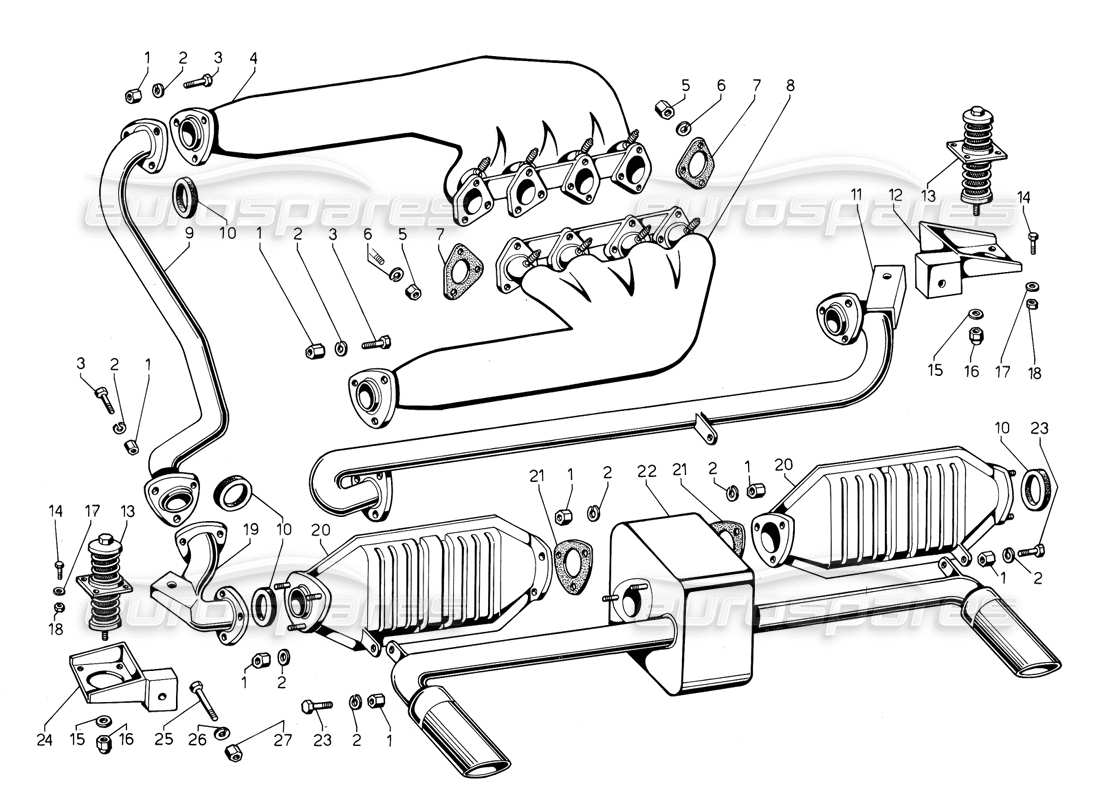 lamborghini jalpa 3.5 (1984) diagrama de piezas de tuberías de escape (válido para ee. uu., 1985 de mayo)