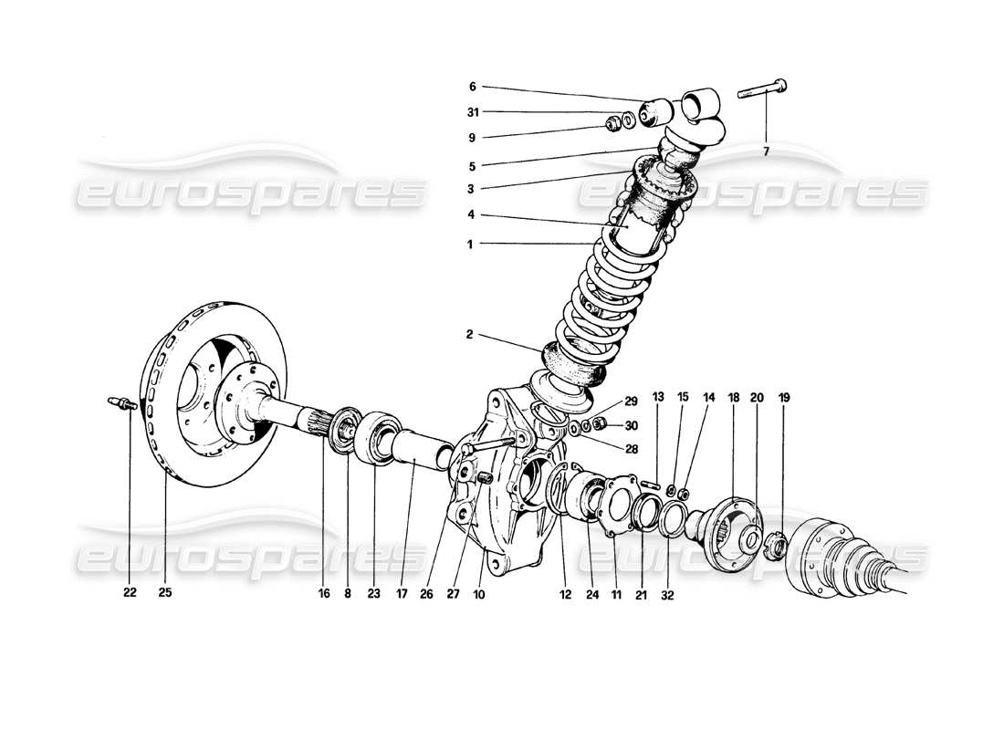 ferrari 308 gtb (1980) suspensión trasera - amortiguador y disco de freno diagrama de piezas