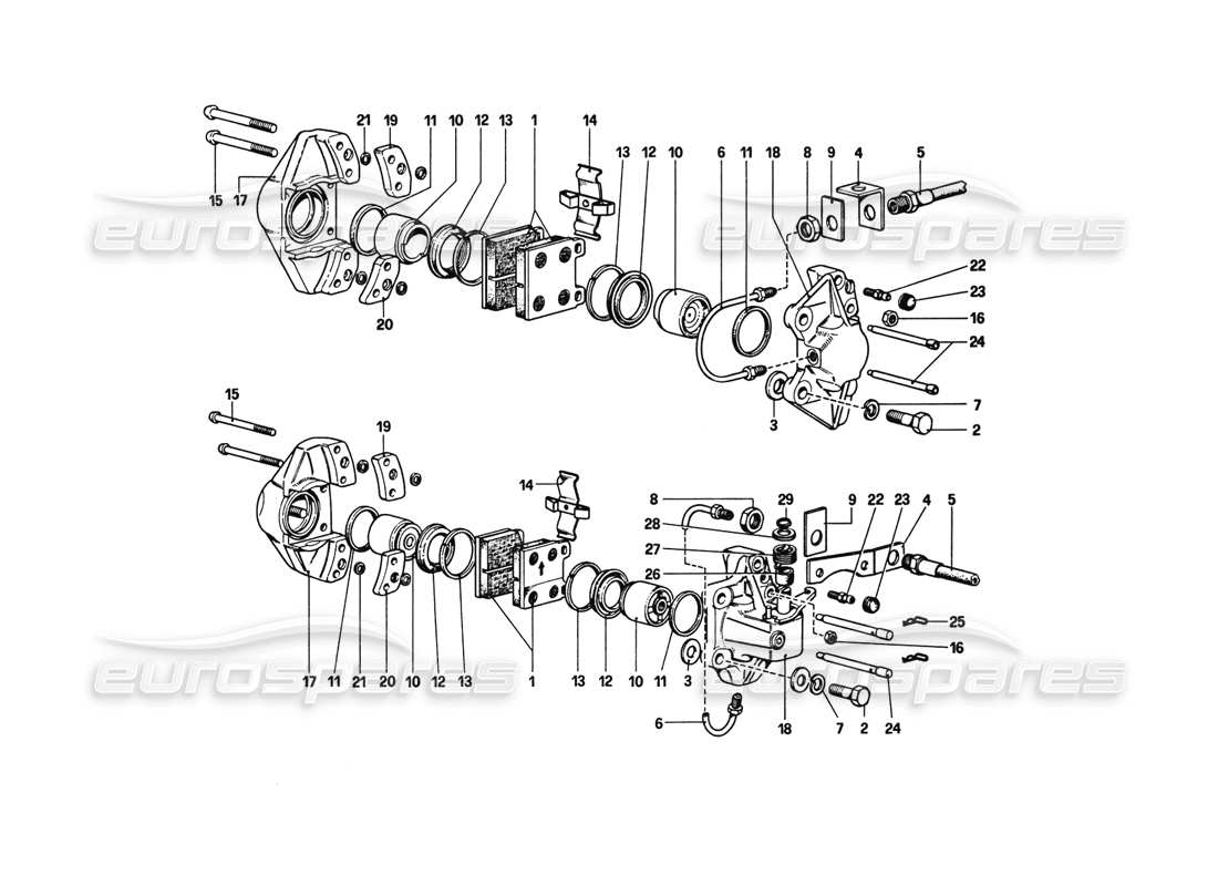 ferrari 308 gtb (1980) diagrama de piezas de pinzas para frenos delanteros y traseros