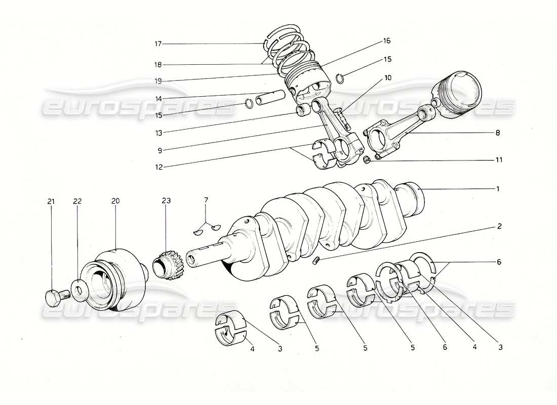 ferrari 308 gt4 dino (1976) cigüeñal - bielas y pistones diagrama de piezas