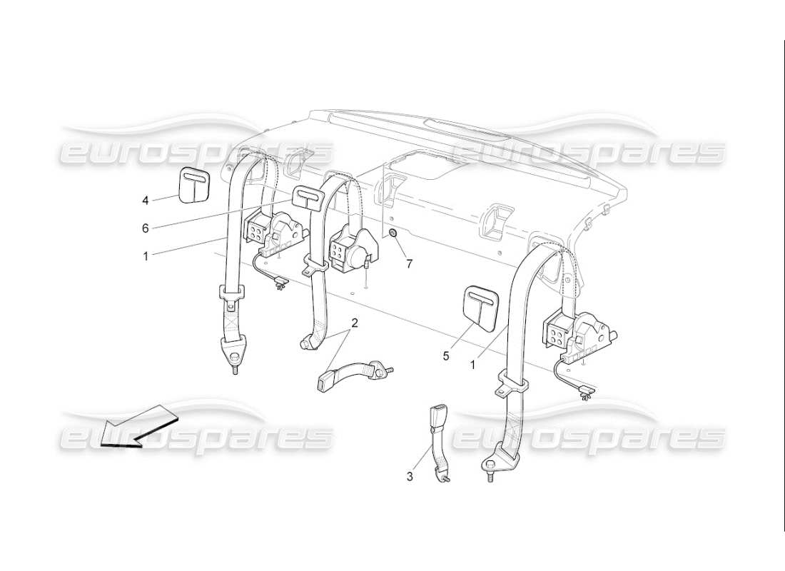 maserati qtp. (2009) 4.7 auto diagrama de piezas de los cinturones de seguridad traseros