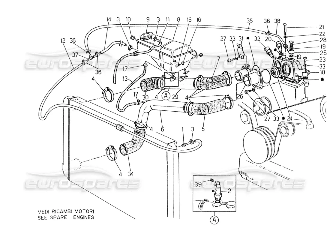 maserati 418 / 4.24v / 430 enfriamiento del motor, diagrama de pieza 4v