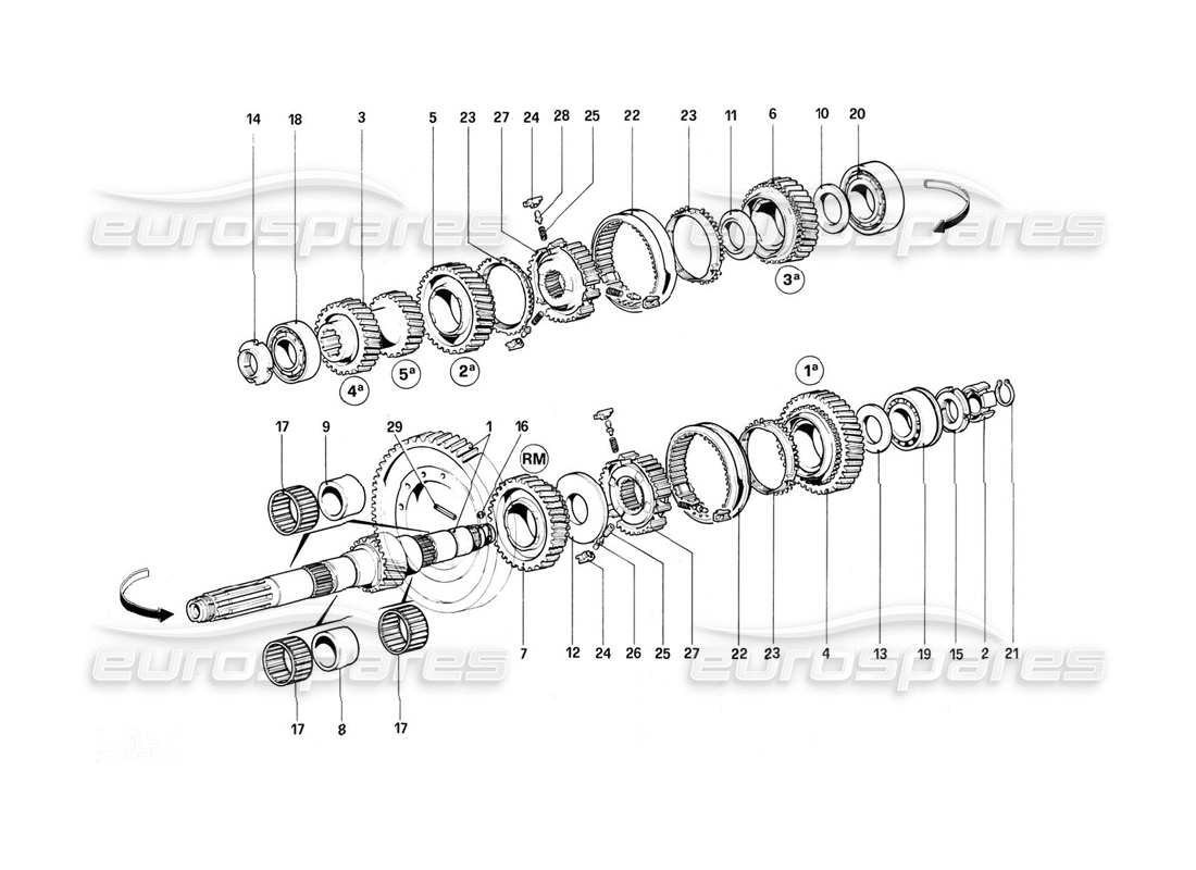 ferrari 308 (1981) gtbi/gtsi diagrama de piezas de engranajes del eje de apoyo