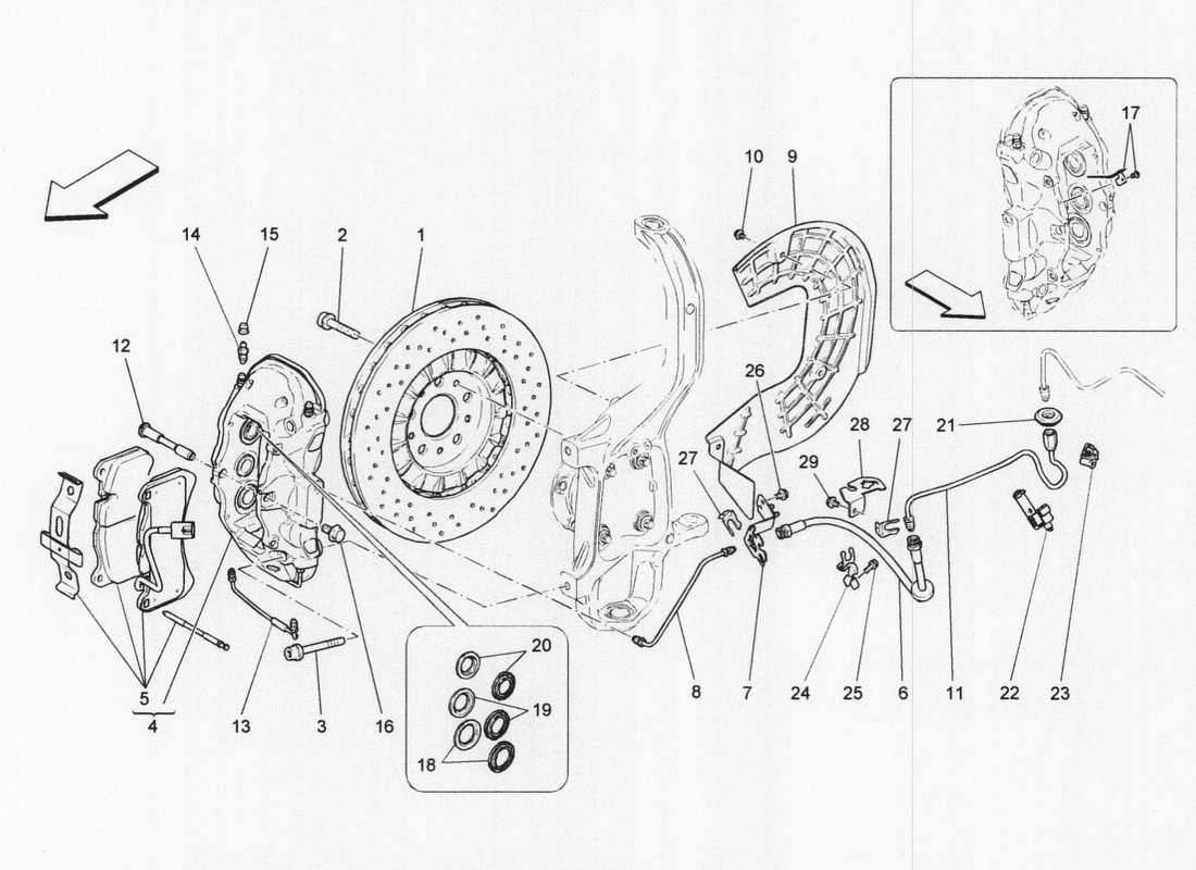 maserati qtp. v6 3.0 bt 410bhp 2wd 2017 diagrama de piezas de los dispositivos de frenado en las ruedas delanteras