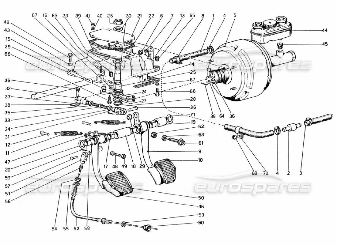 ferrari 308 gtb (1976) tablero de pedales - controles de freno y embrague diagrama de piezas