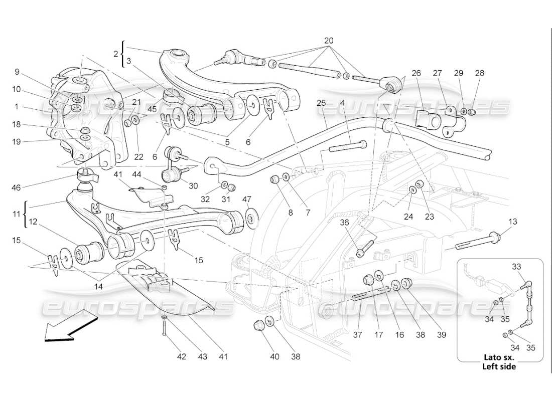 maserati qtp. (2009) 4.7 auto diagrama de piezas de la suspensión trasera