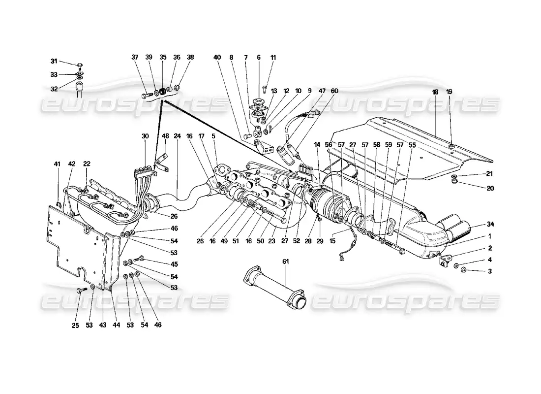 ferrari mondial 3.2 qv (1987) sistema de escape (para versiones de ee. uu. y sa) diagrama de piezas
