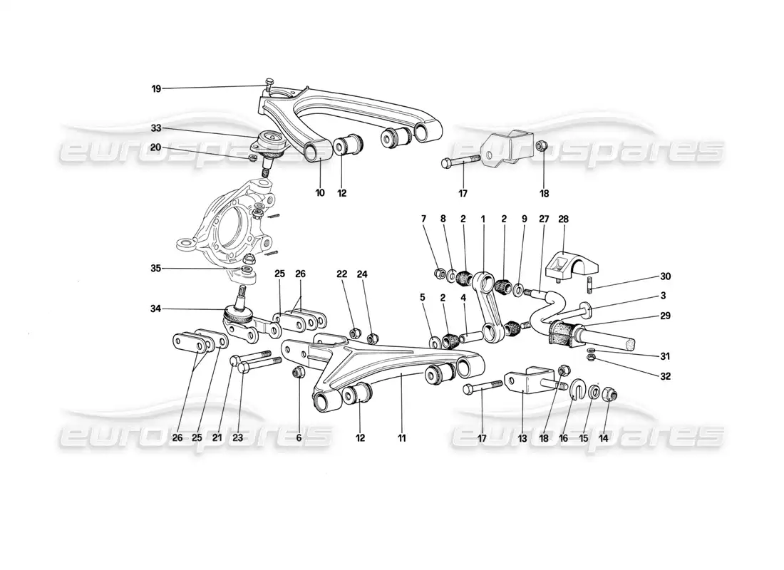 ferrari testarossa (1990) suspensión delantera - diagrama de piezas de brazos transversales (a partir del número de automóvil 75997)