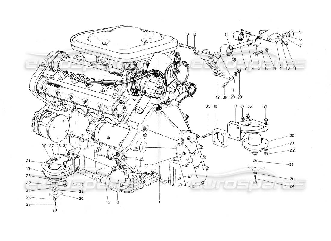 ferrari 308 gt4 dino (1979) motor - caja de cambios y soportes diagrama de piezas