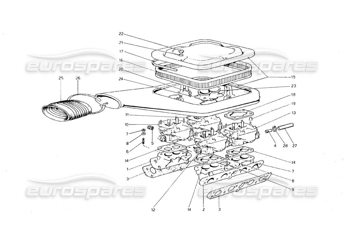 ferrari 308 gt4 dino (1979) diagrama de piezas de carburadores y limpiadores de aire