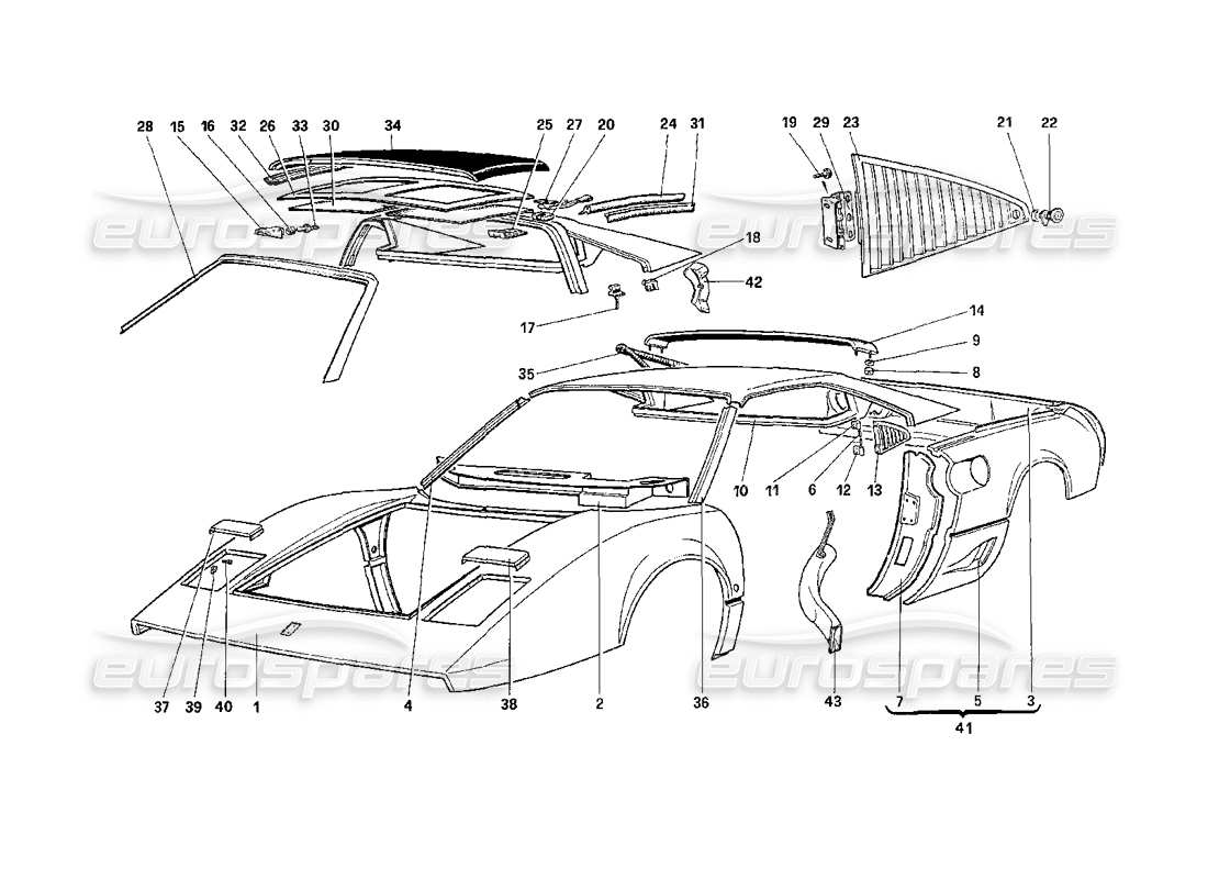 ferrari 208 turbo (1989) carrocería - elementos exteriores diagrama de piezas