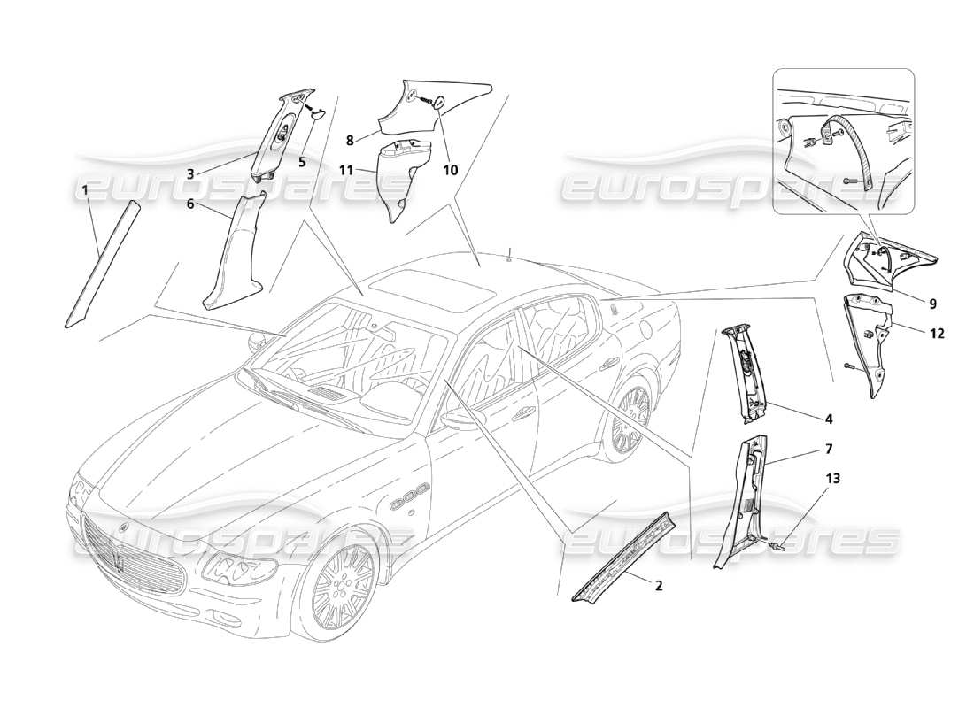maserati qtp. (2003) 4.2 diagrama de piezas de tapicería del flanco lateral y del pilar del compartimento de pasajeros