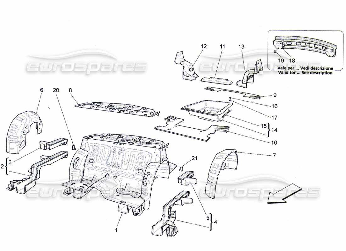 maserati qtp. (2010) 4.7 diagrama de piezas de marcos estructurales traseros y paneles de chapa