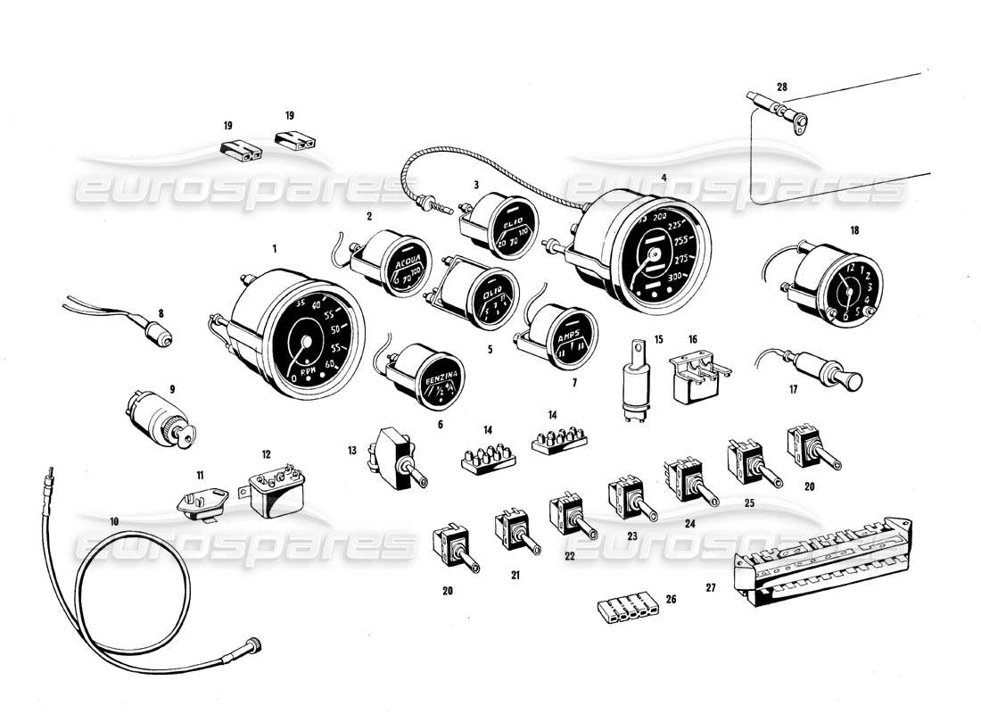 maserati qtp.v8 4.7 (s1 & s2) 1967 diagrama de piezas de instrumentos del tablero