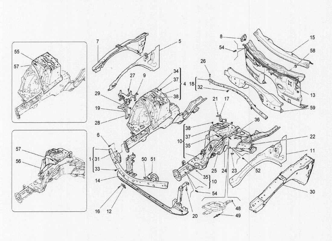 maserati qtp. v6 3.0 tds 275bhp 2017 diagrama de piezas de marcos estructurales frontales y paneles laminares