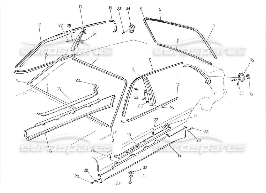 maserati 228 molduras exteriores y acabados diagrama de piezas
