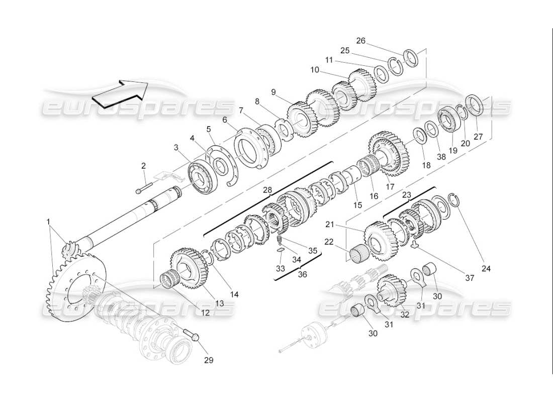 maserati qtp. (2007) 4.2 f1 diagrama de piezas de engranajes del eje de apoyo