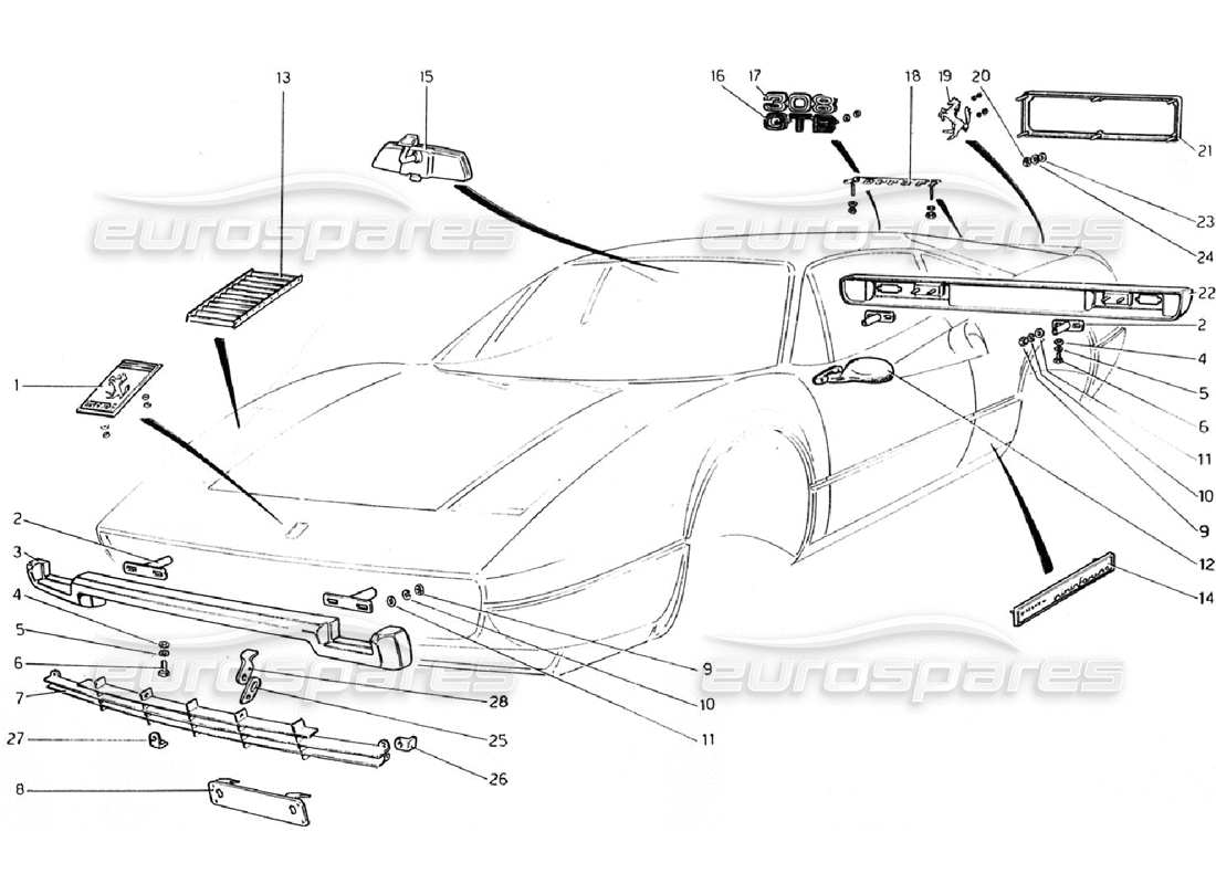 ferrari 308 gtb (1976) diagrama de piezas de parachoques y molduras