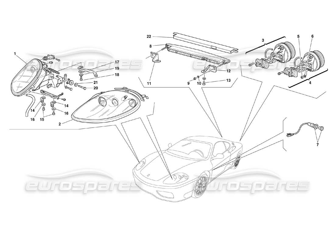 ferrari 360 challenge (2000) diagrama de piezas de las luces delanteras y traseras