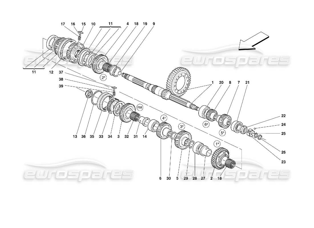 ferrari 355 (2.7 motronic) diagrama de piezas de engranajes del eje de apoyo