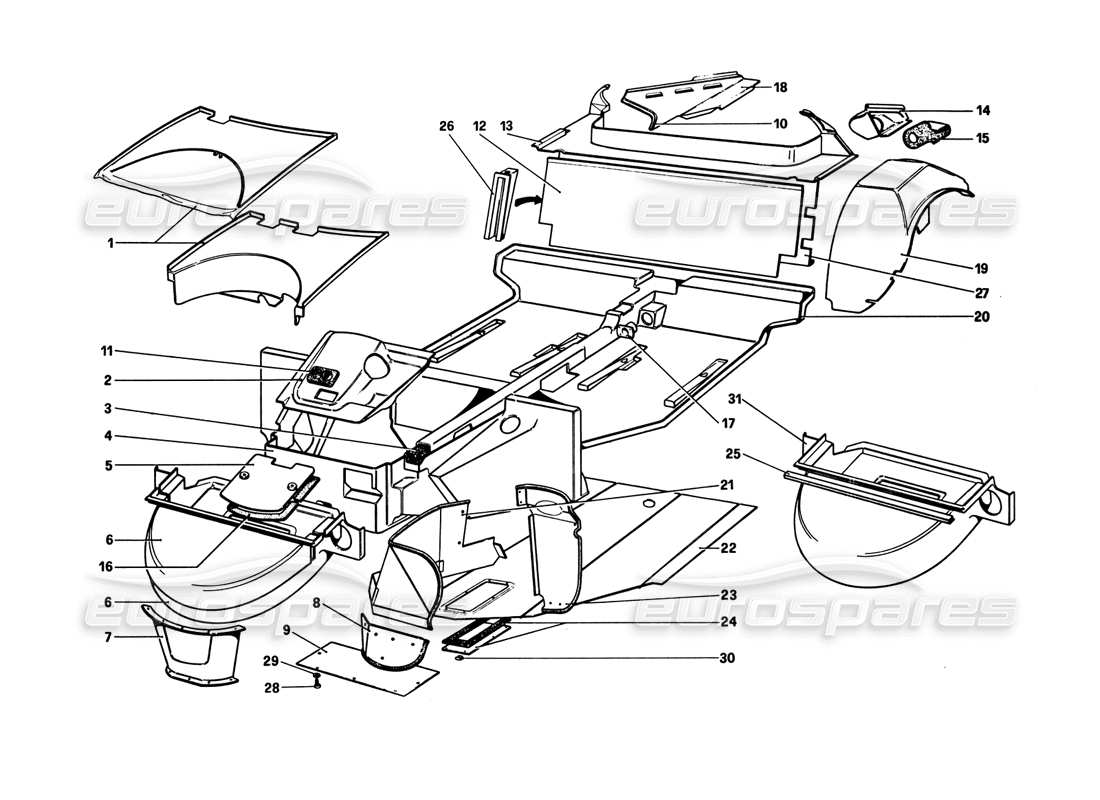 ferrari 308 gtb (1980) carrocería - elementos internos diagrama de piezas