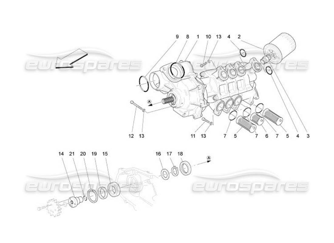 maserati qtp. (2005) 4.2 sistema de lubricación: diagrama de piezas de bomba y filtro
