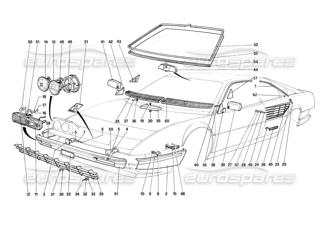 ferrari mondial 8 (1981) parachoques, faros y cristales delanteros diagrama de piezas