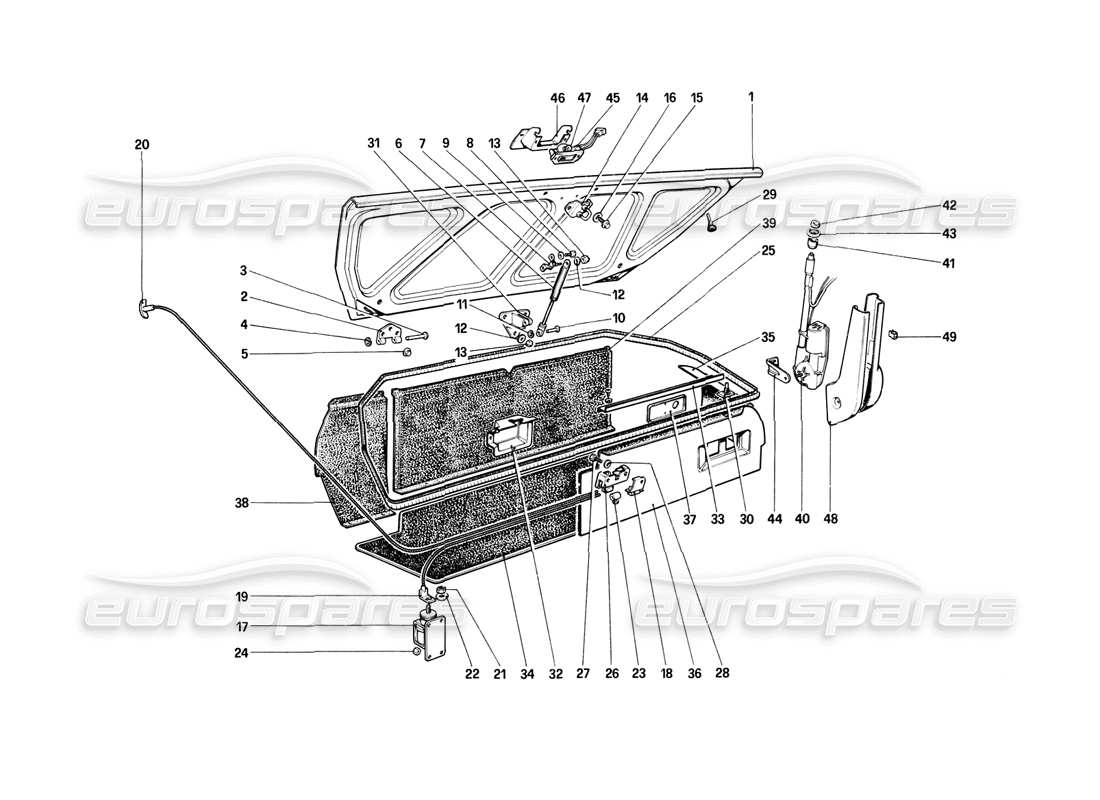 ferrari mondial 8 (1981) diagrama de piezas de la tapa del maletero