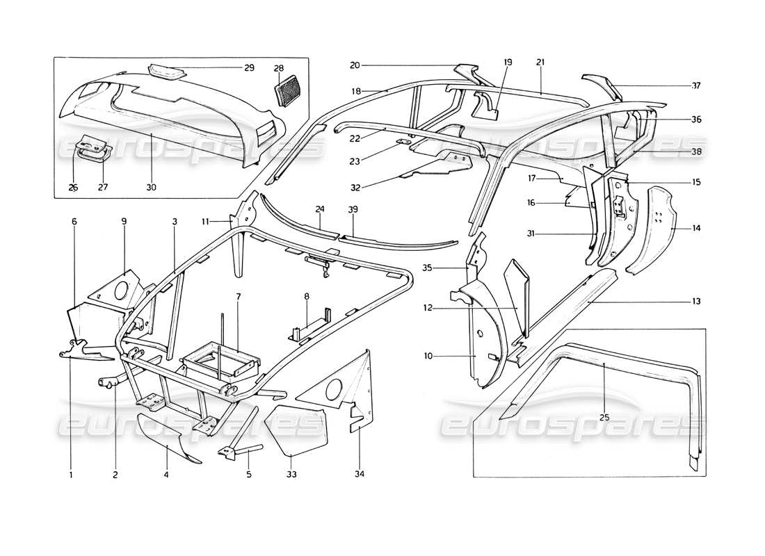 ferrari 246 dino (1975) carrocería - diagrama de piezas de elementos interiores