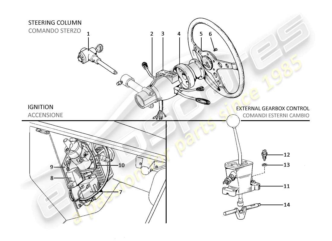 ferrari 246 dino (1975) diagrama de piezas de control de dirección, encendido del motor y controles exteriores de la caja de cambios (variantes para versiones de ee. uu.)