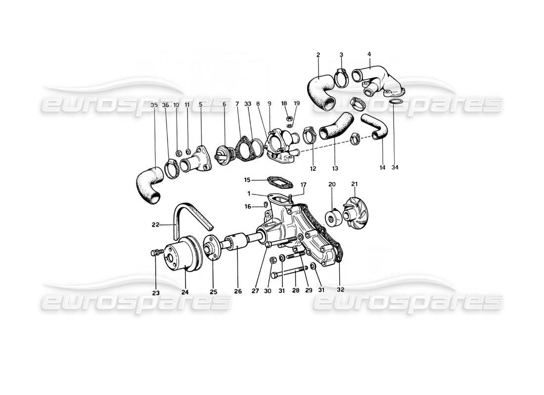 ferrari 246 dino (1975) diagrama de piezas de bombas y tuberías de agua