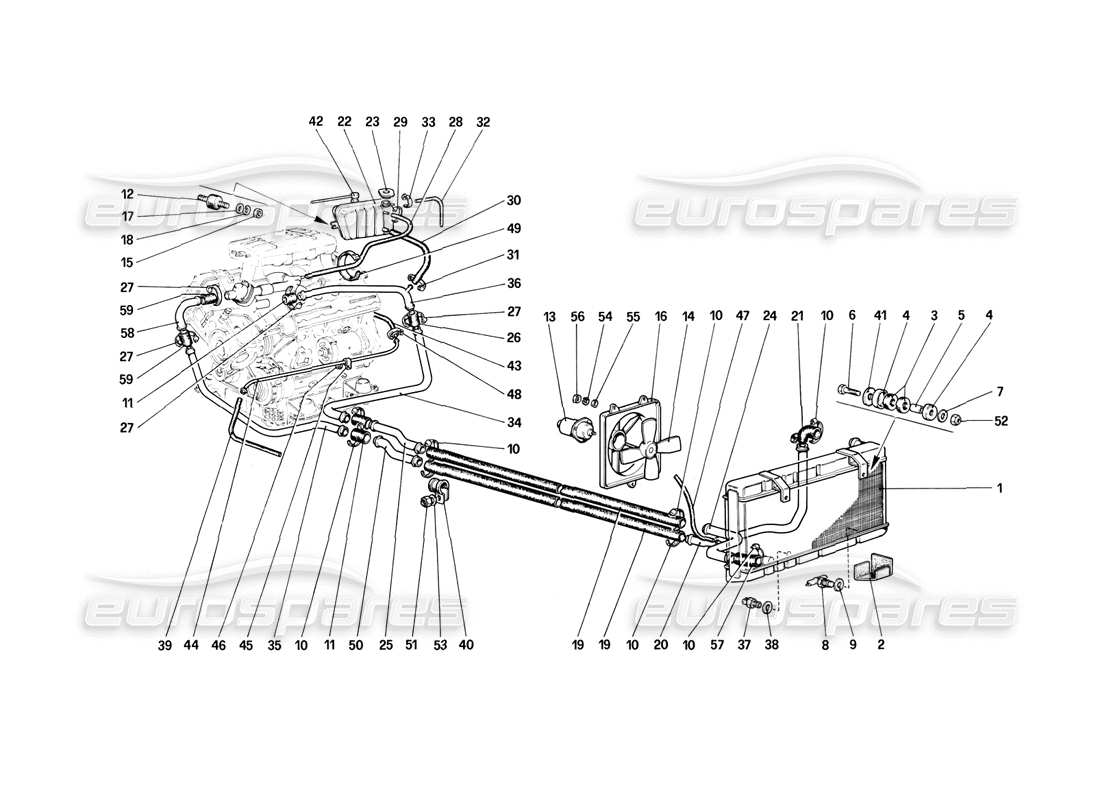 ferrari mondial 8 (1981) diagrama de piezas del sistema de refrigeración