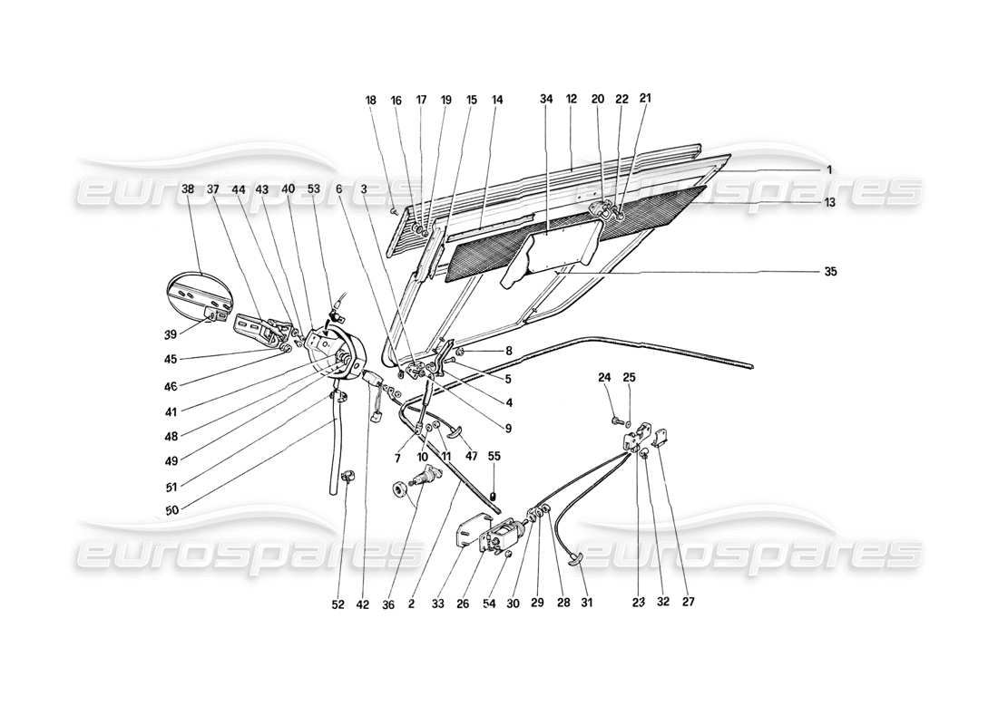 ferrari mondial 8 (1981) diagrama de piezas de la tapa del compartimiento del motor y la alfombra