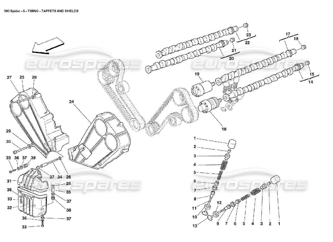 ferrari 360 spider sincronización: diagrama de piezas de taqués y protectores