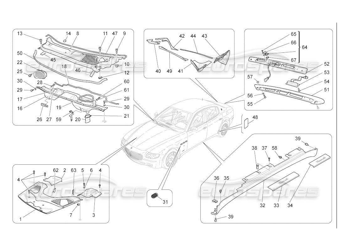 maserati qtp. (2007) 4.2 auto diagrama de piezas de escudos, molduras y paneles de cobertura