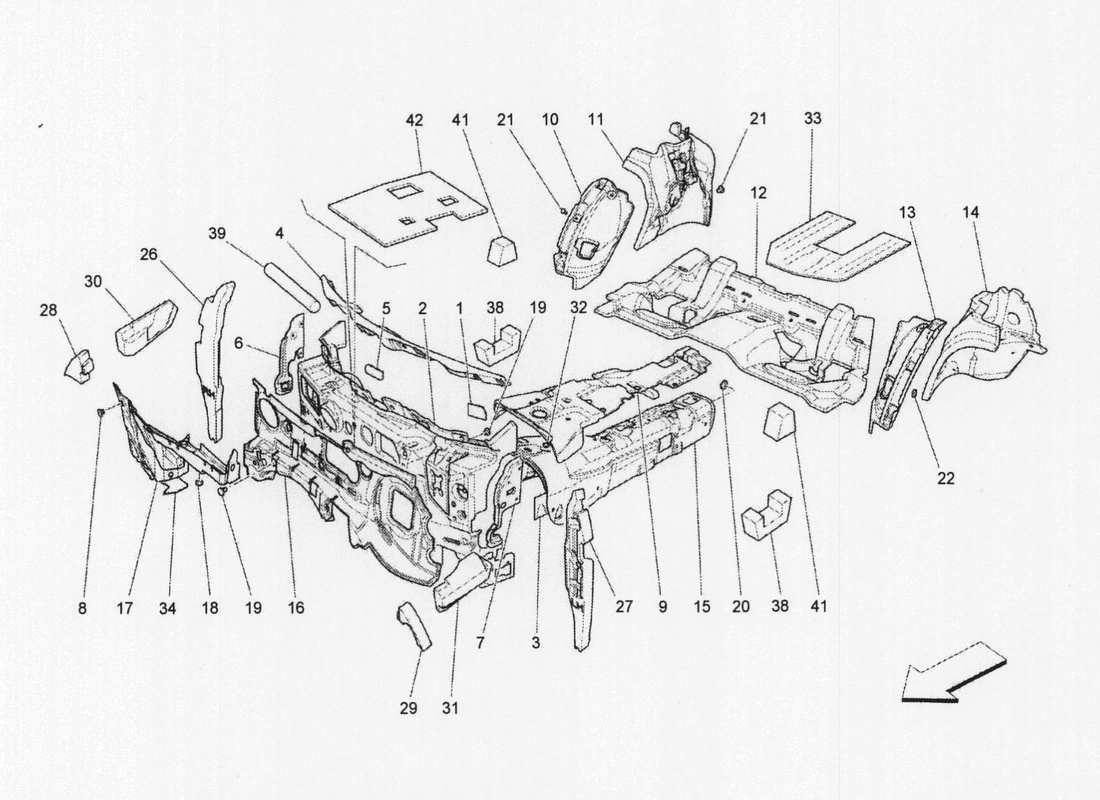 maserati qtp. v6 3.0 bt 410bhp 2wd 2017 paneles de insonorización en el interior del vehículo. diagrama de piezas.