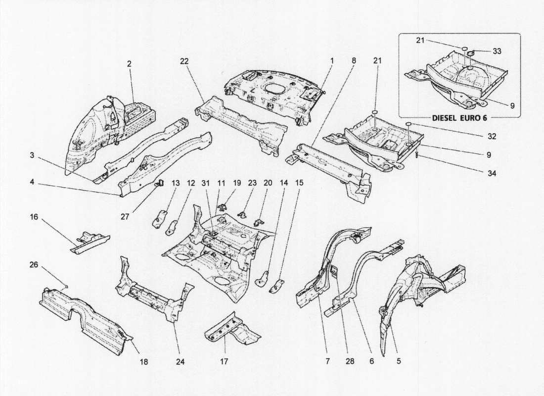 maserati qtp. v6 3.0 bt 410bhp 2wd 2017 diagrama de piezas de marcos estructurales traseros y paneles de chapa
