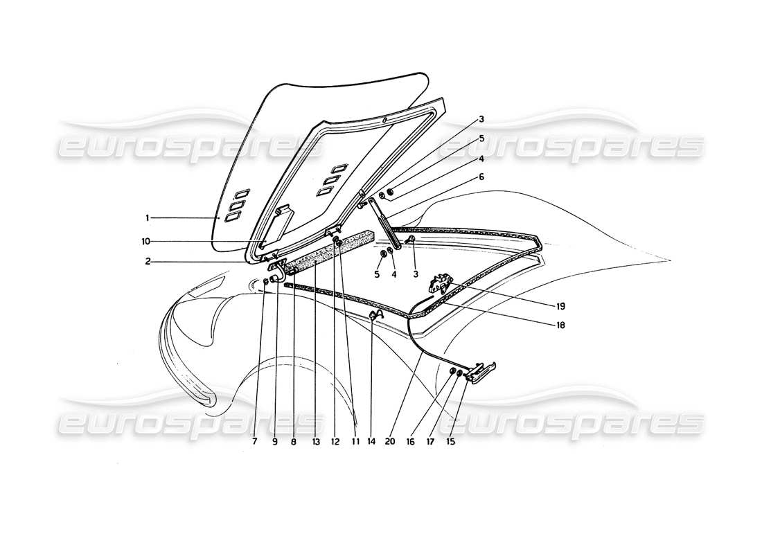 ferrari 246 dino (1975) diagrama de piezas de la tapa del compartimento frontal