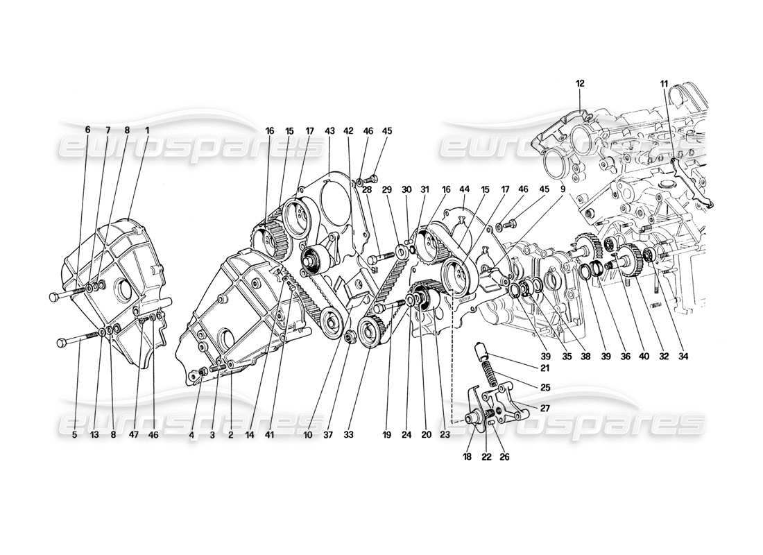 ferrari 328 (1985) sistema de sincronización - controles diagrama de piezas