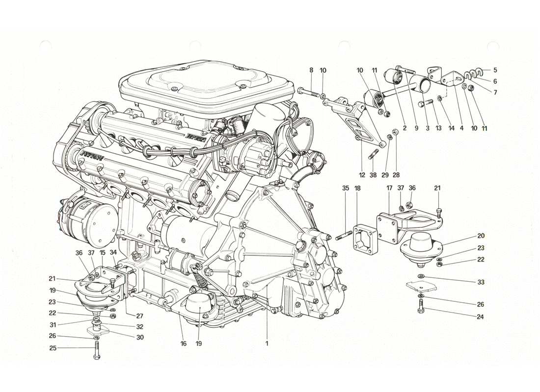ferrari 208 gtb gts motor - caja de cambios y soportes diagrama de piezas