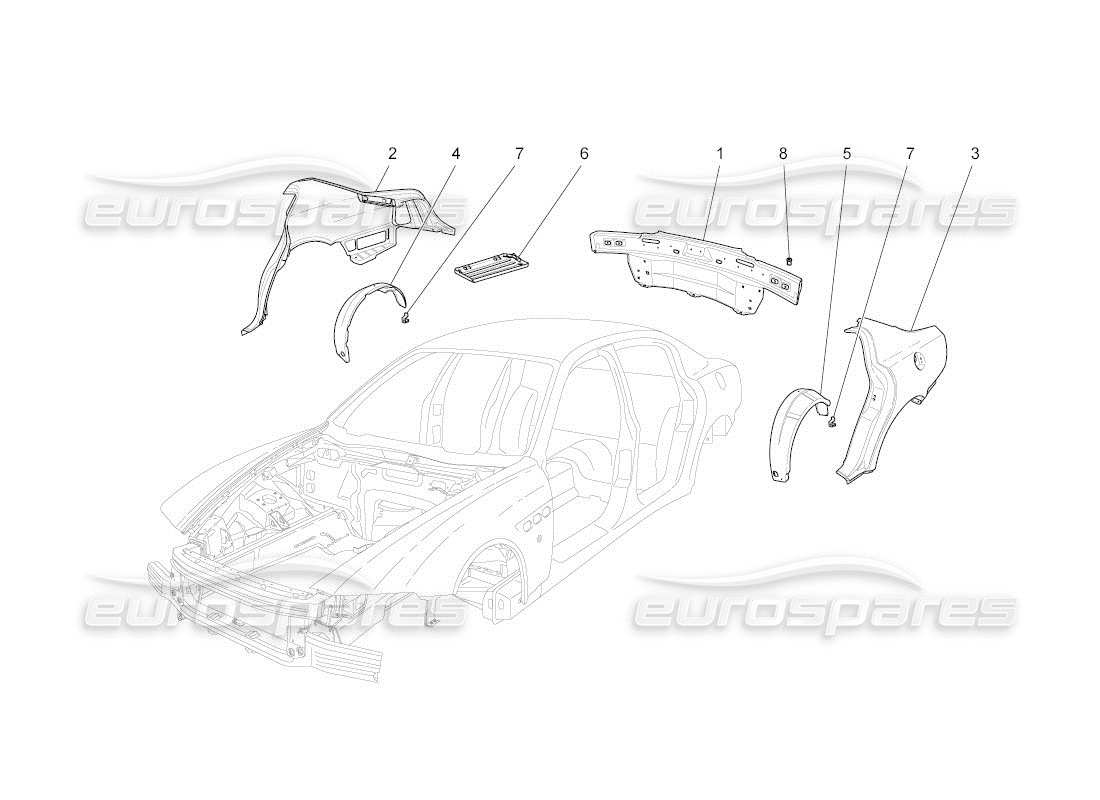 maserati qtp. (2011) 4.7 auto diagrama de piezas de la carrocería y los paneles exteriores traseros