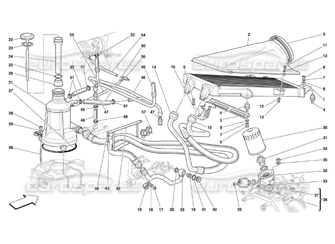 ferrari 360 challenge (2000) diagrama de piezas del sistema de lubricación y del sistema de soplado