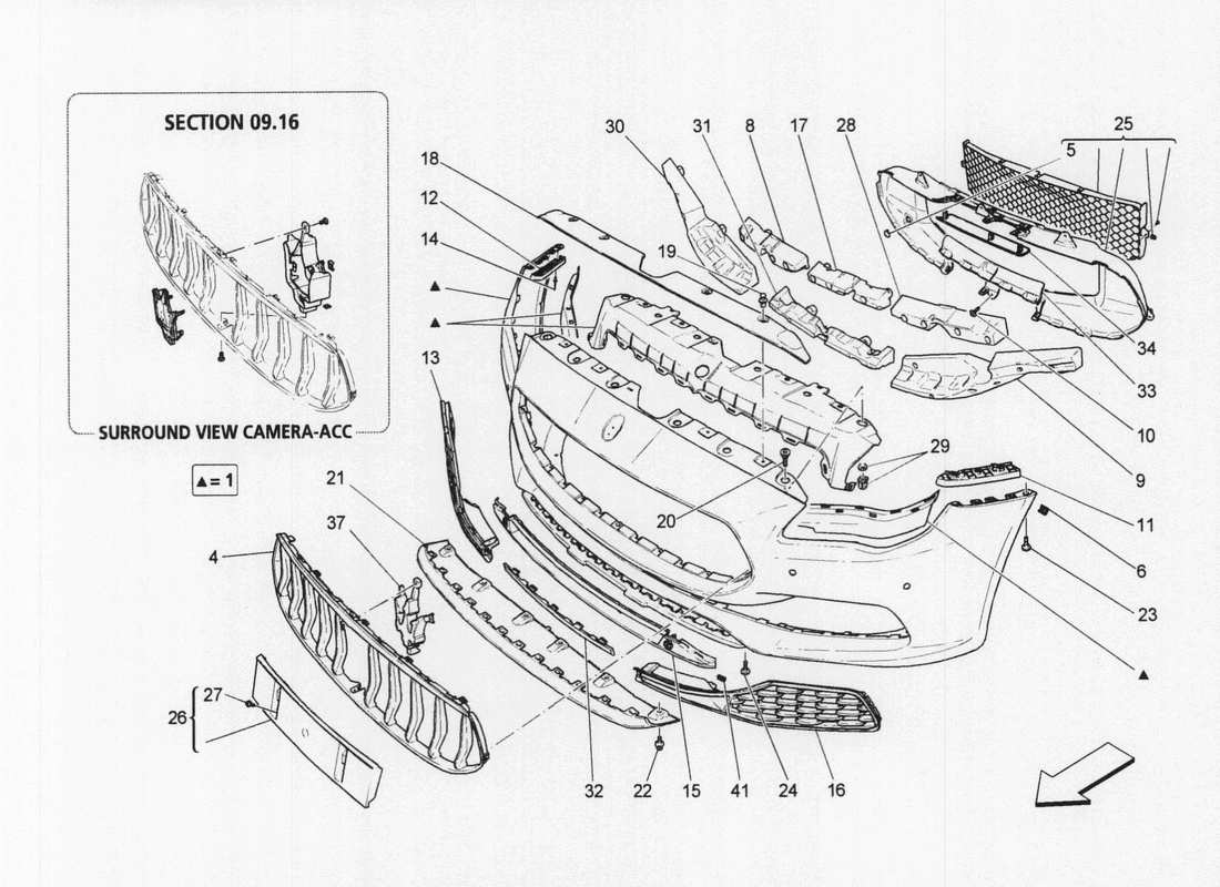 maserati qtp. v6 3.0 bt 410bhp 2wd 2017 diagrama de piezas del parachoques delantero